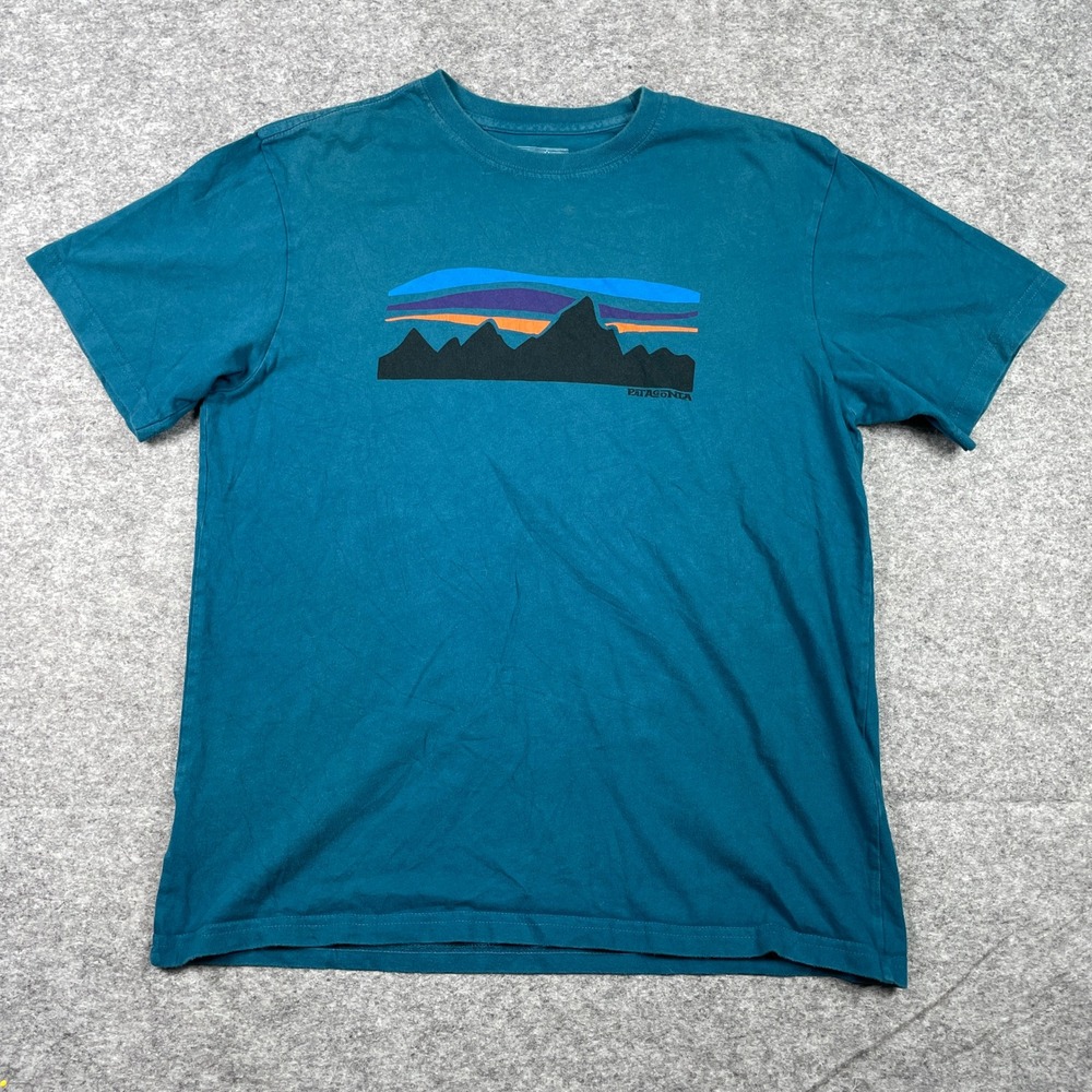 Patagonia T Shirt Mens M Teal Fitz Roy Mountain Range Regular Fit Organic Cotton